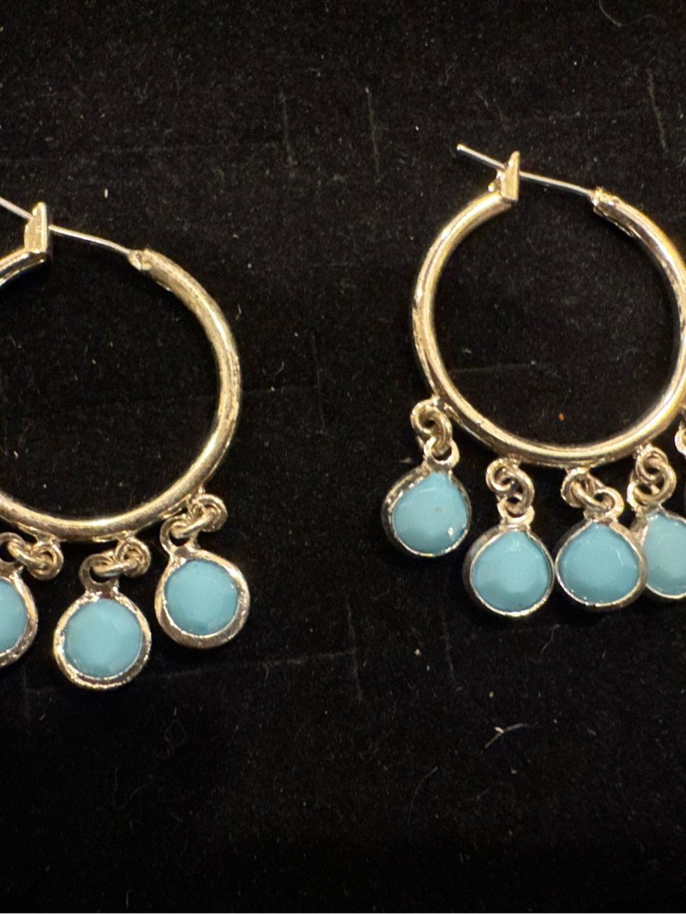 Silver Tone Hoop Earrings Blue Turquoise Color Dangle Charm Boho Jewelry